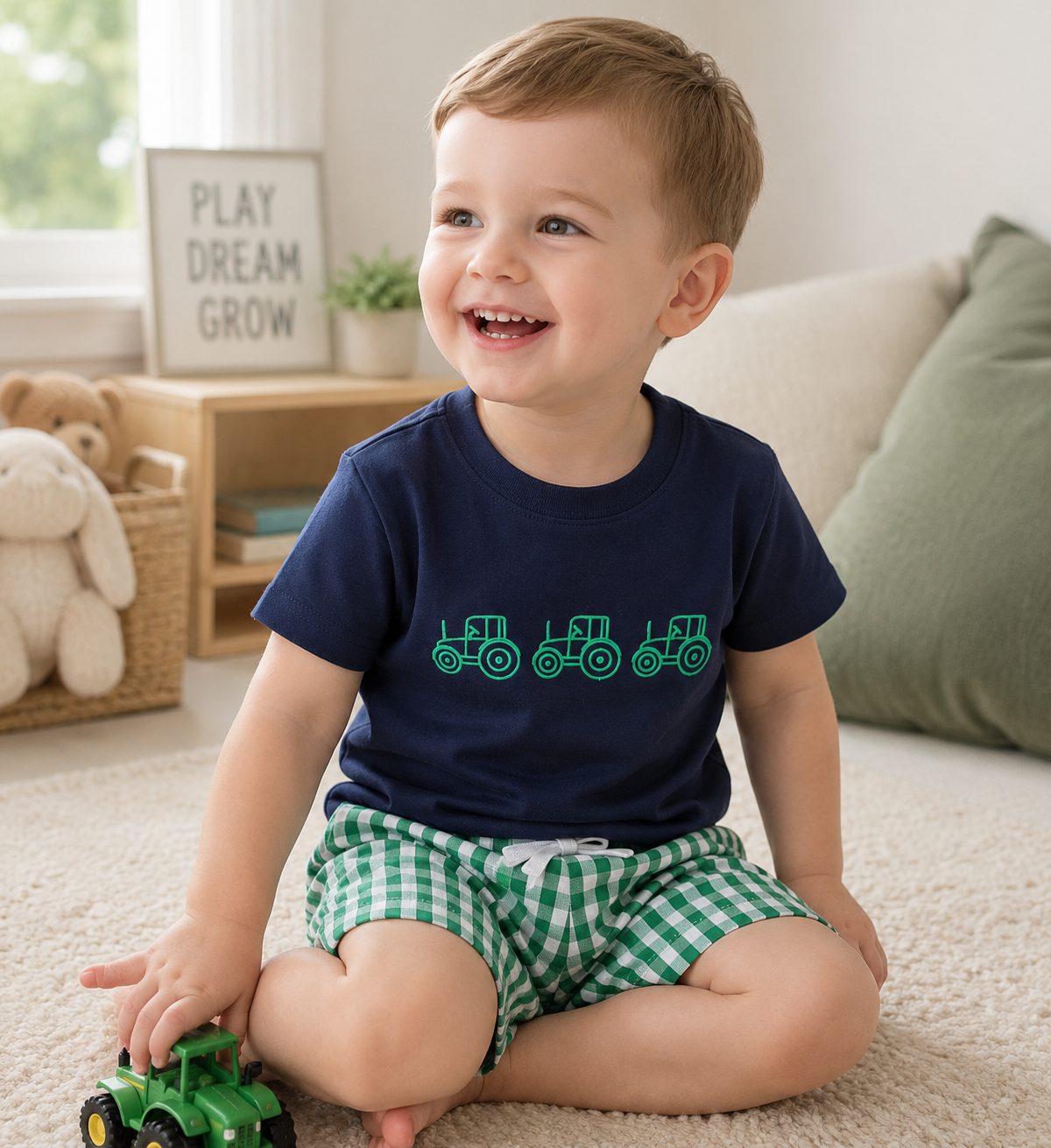 Toddler Boy Tractor Print T-Shirt & Green Plaid Shorts 2-Piece Summer Outfit