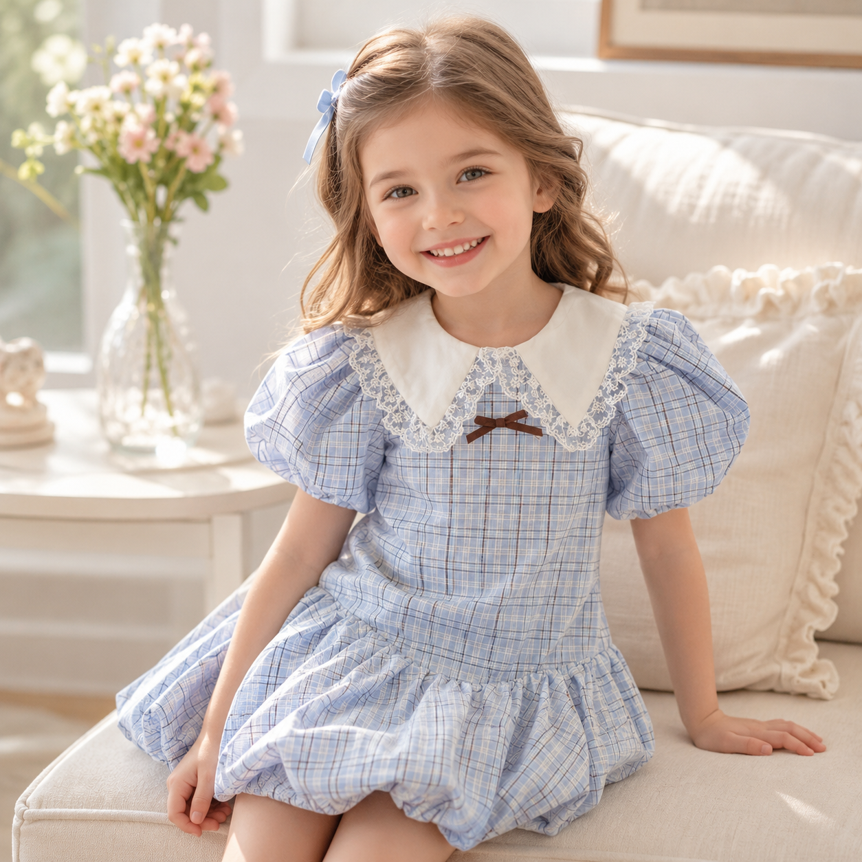 Girls Blue Plaid Puff Sleeve Lace Collar Bubble Hem Dress