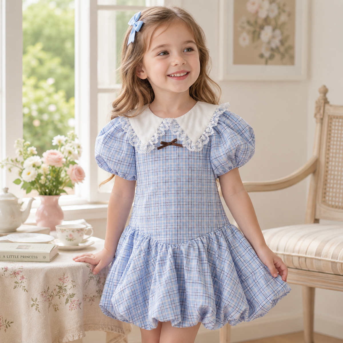 Girls Blue Plaid Puff Sleeve Lace Collar Bubble Hem Dress
