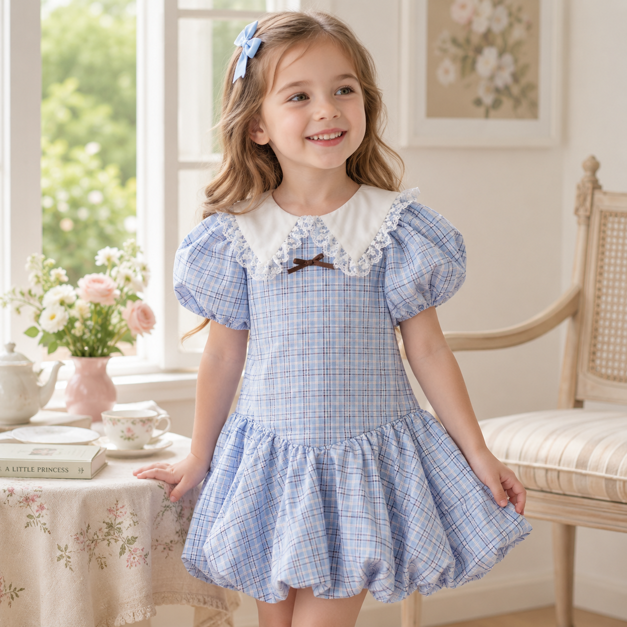 Girls Blue Plaid Puff Sleeve Lace Collar Bubble Hem Dress