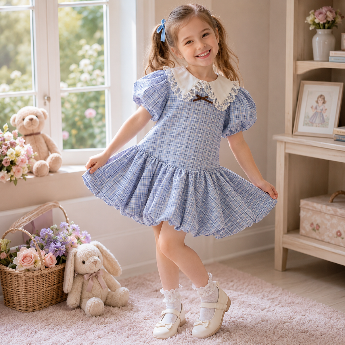 Girls Blue Plaid Puff Sleeve Lace Collar Bubble Hem Dress
