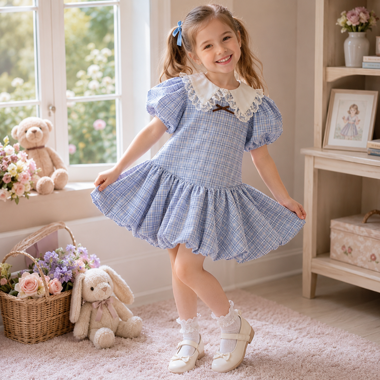 Girls Blue Plaid Puff Sleeve Lace Collar Bubble Hem Dress