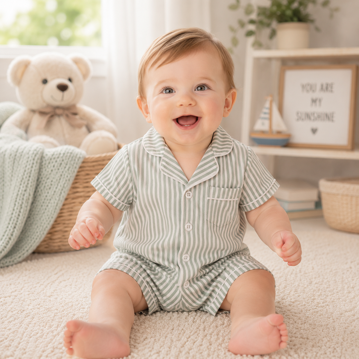 Baby Unisex Striped Button-Up Short Sleeve Pajamas Romper Sleepwear