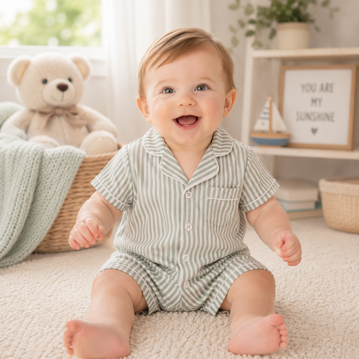 Baby Unisex Striped Button-Up Short Sleeve Pajamas Romper Sleepwear