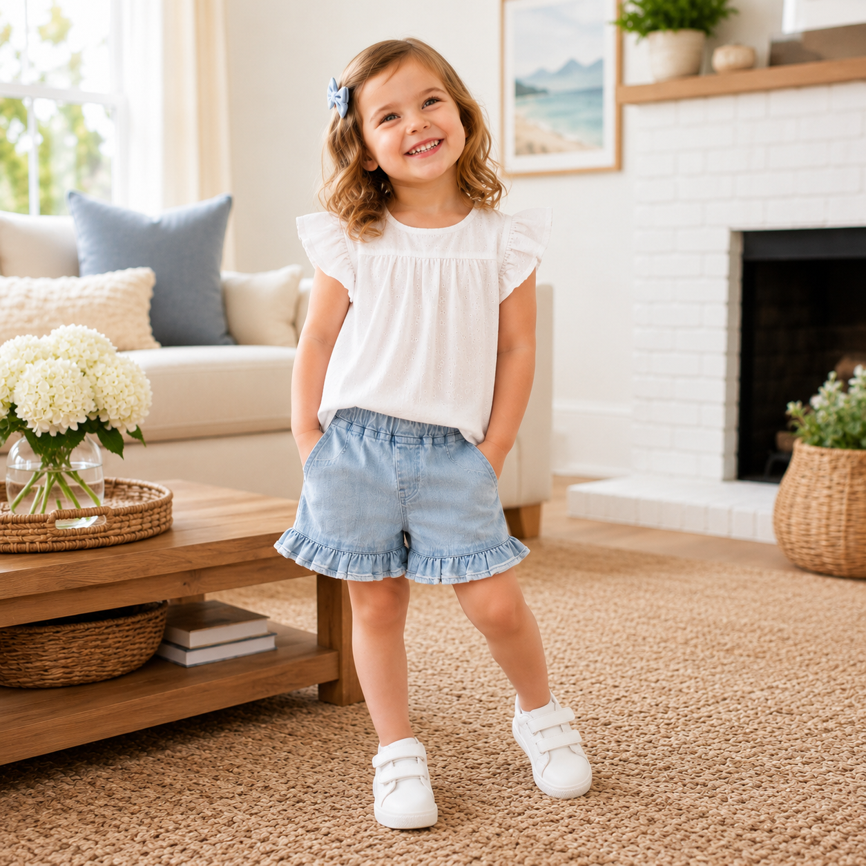 Girls Solid Ruffle Hem Elastic Waist Shorts