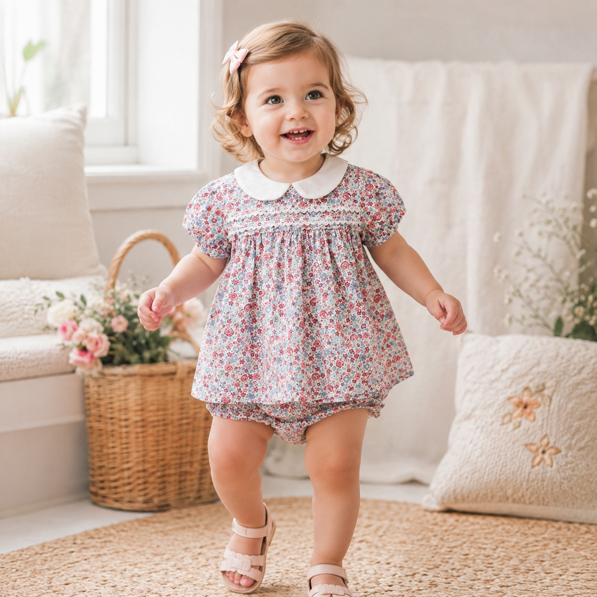 Baby Girl Floral Cotton Puff Sleeve Top & Bloomers 2-Piece Set