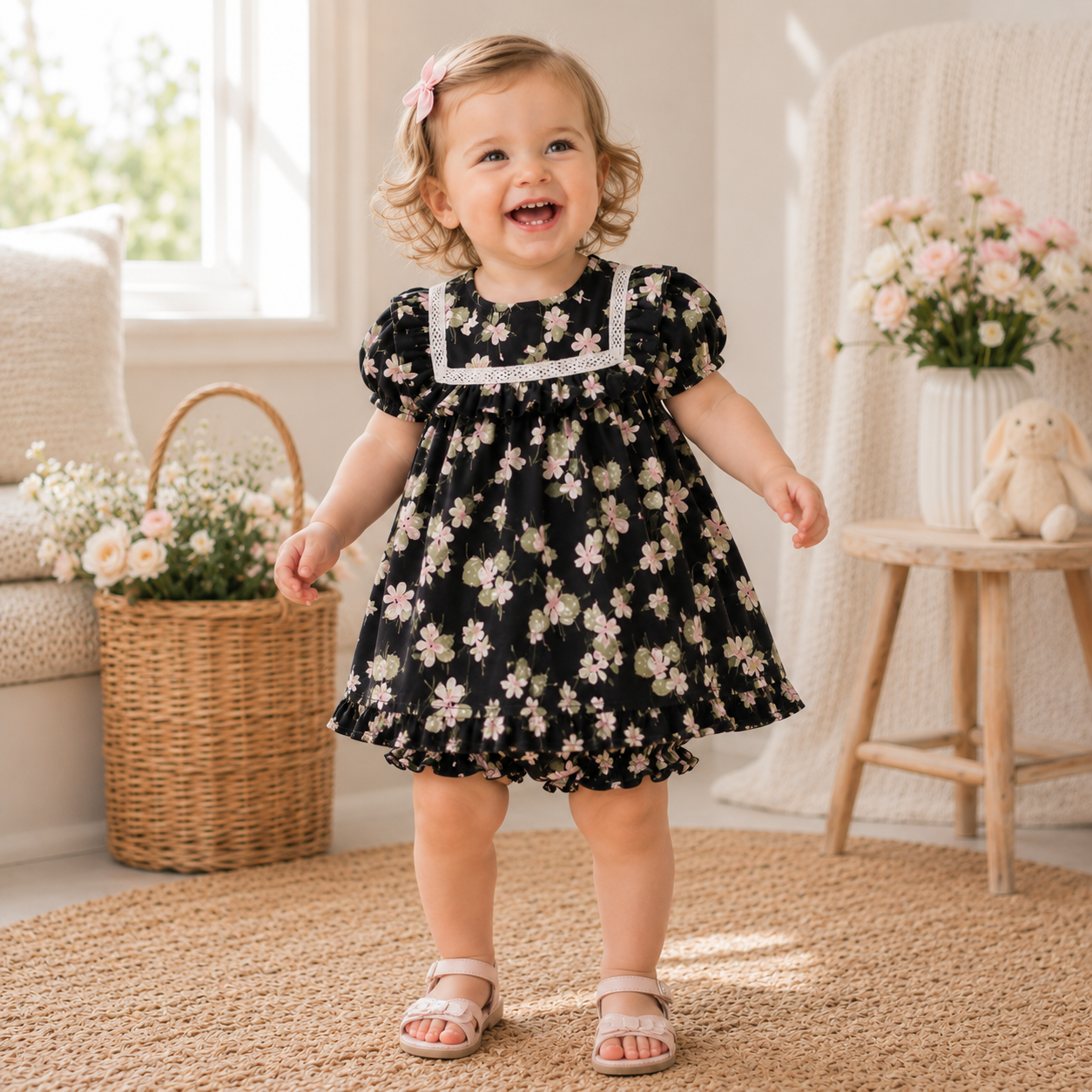 Baby Girl Floral Cotton Puff Sleeve Top & Bloomers 2-Piece Set