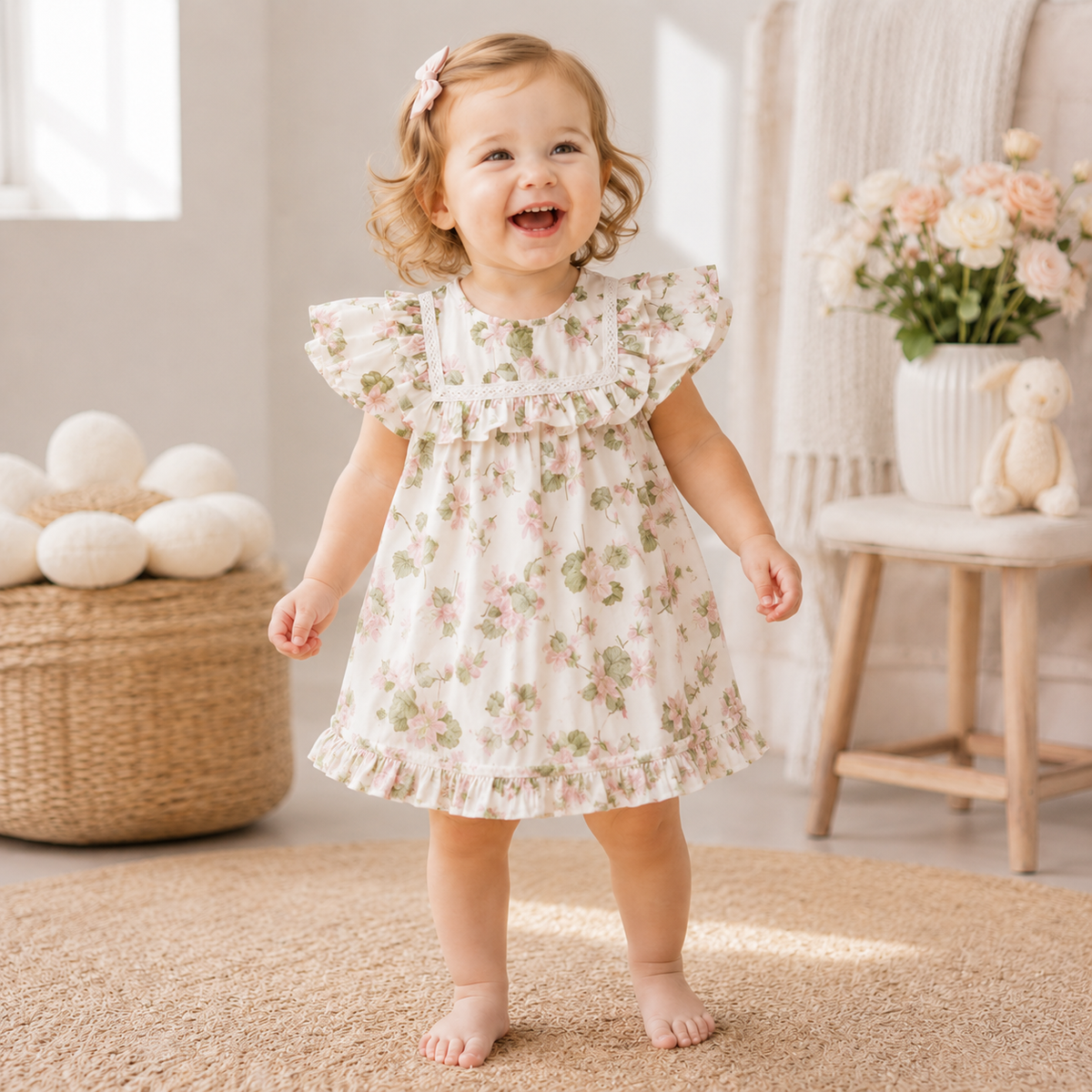 Baby Girl Floral Cotton Puff Sleeve Top & Bloomers 2-Piece Set