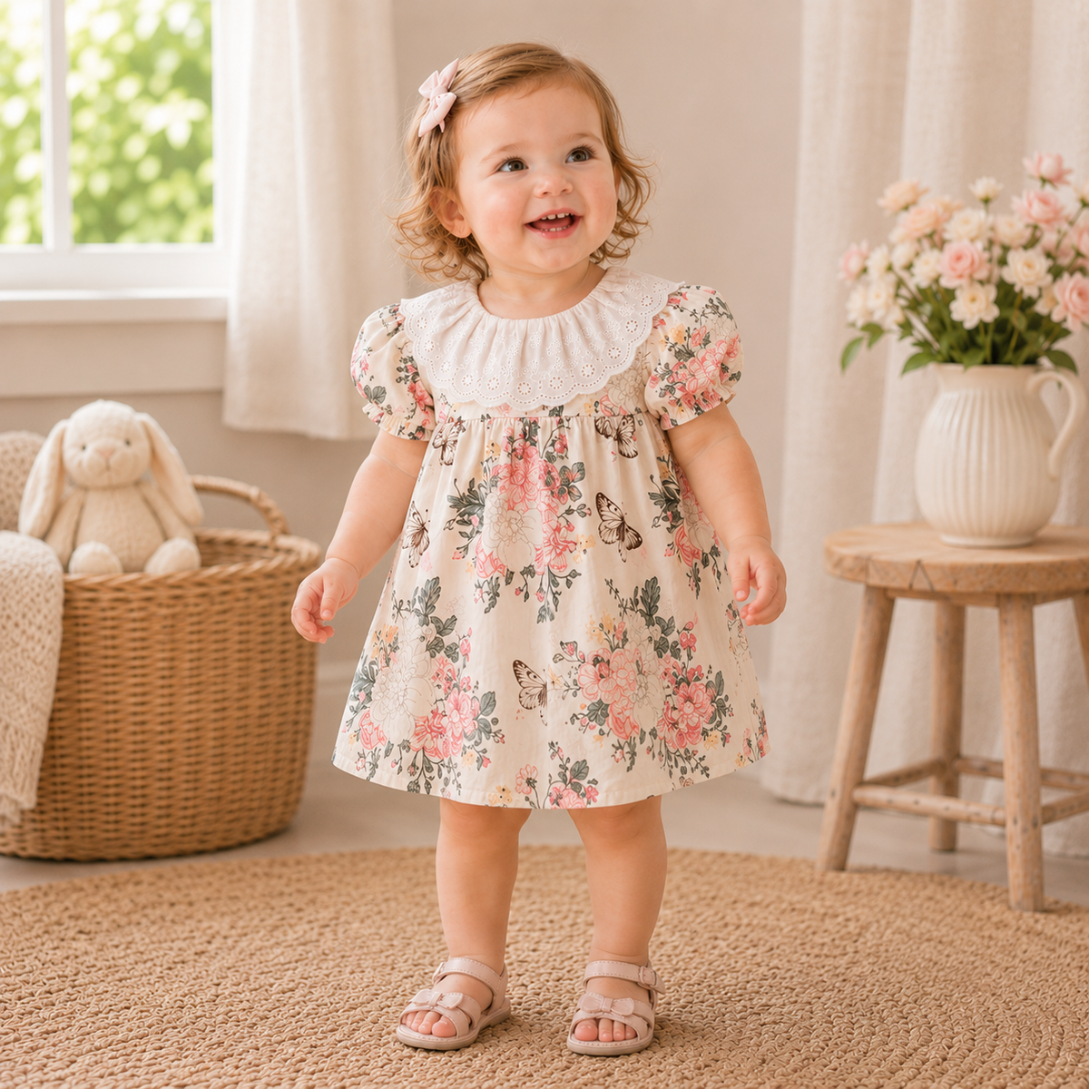 Baby Girl Floral Cotton Puff Sleeve Top & Bloomers 2-Piece Set