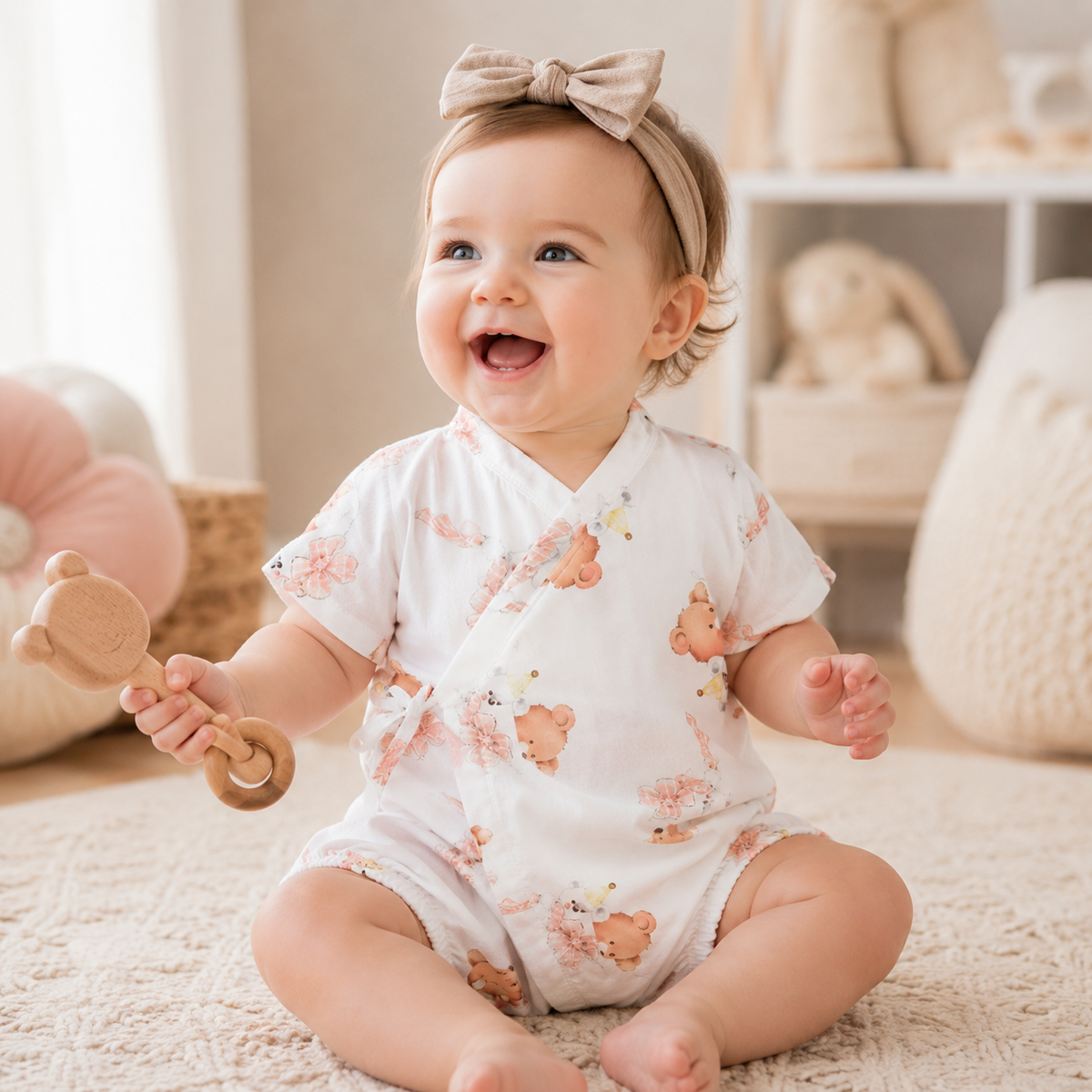 Unisex Baby Bamboo Fiber Cute Printed Short Sleeve Breathable Summer Onesie