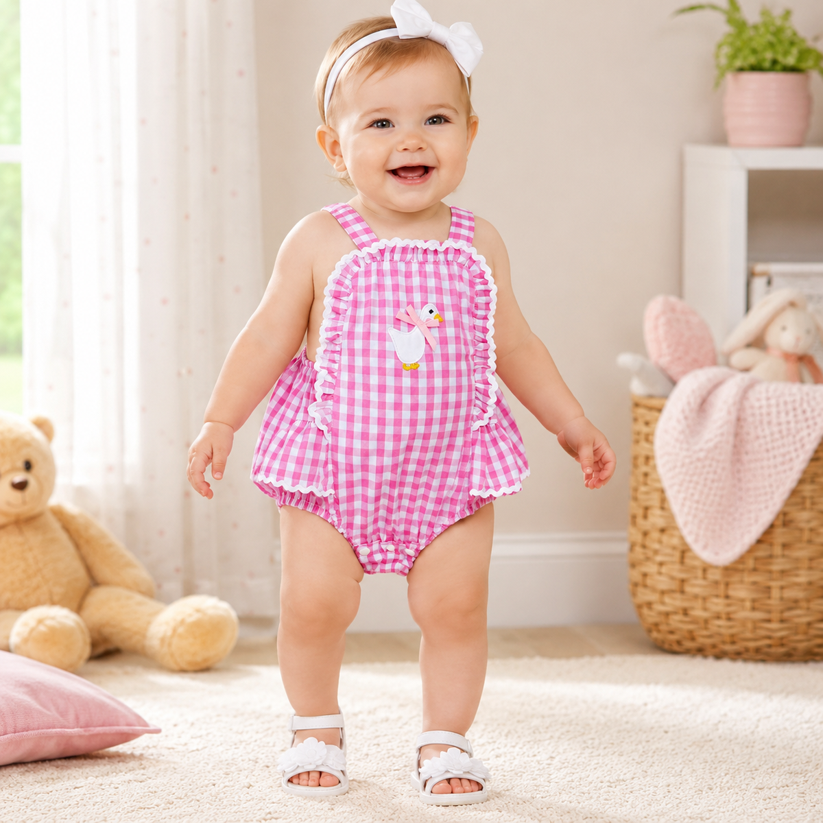 Baby Girl Plaid Duck Embroidery Bow Backless Sleeveless Romper