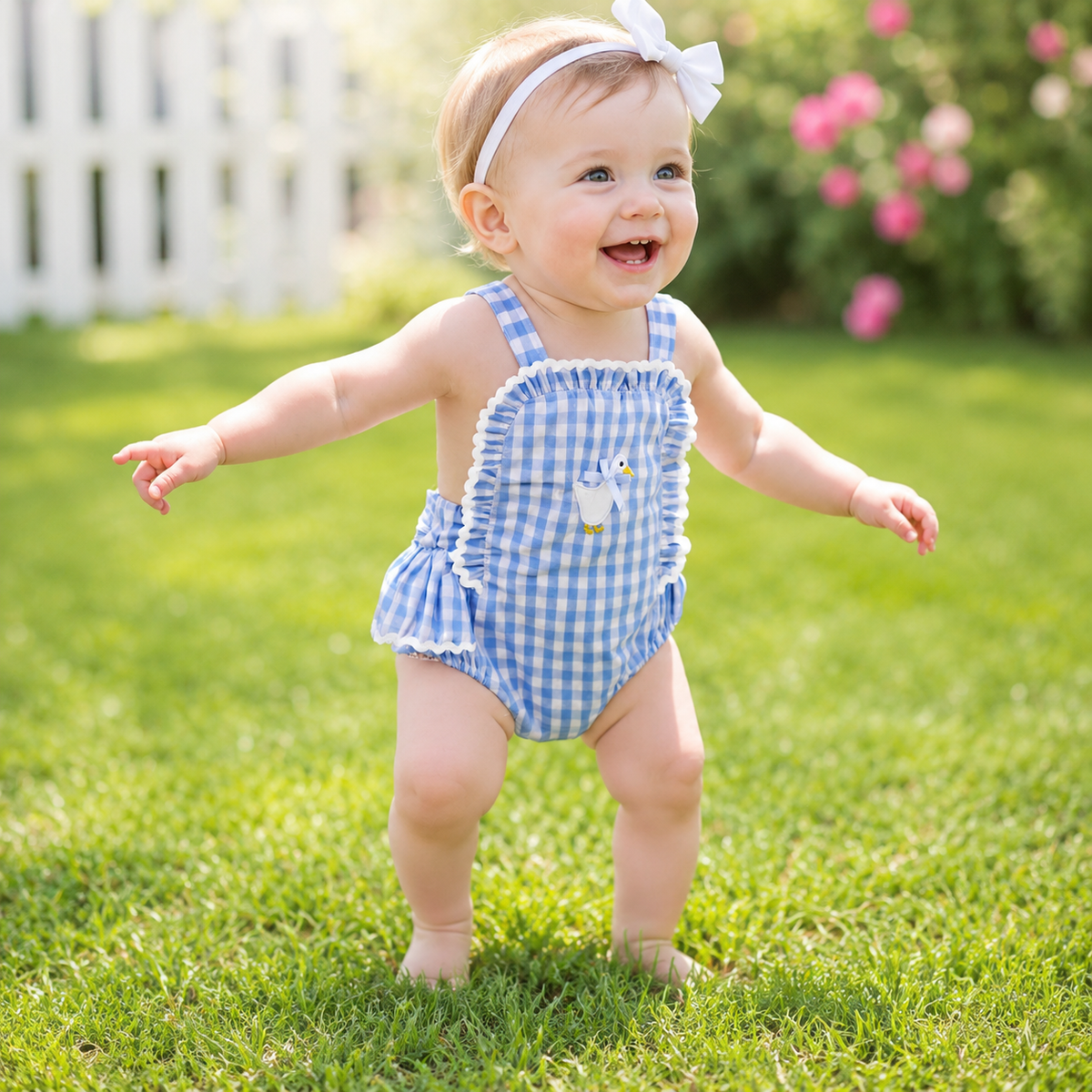 Baby Girl Plaid Duck Embroidery Bow Backless Sleeveless Romper
