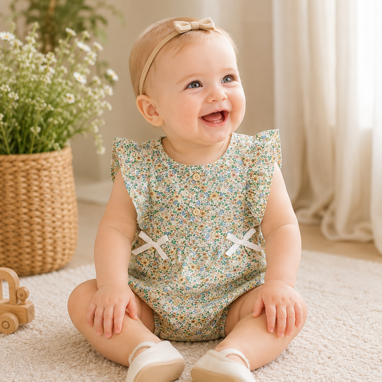 Baby Girl Floral Cotton Sleeveless Bow Bodysuit Romper