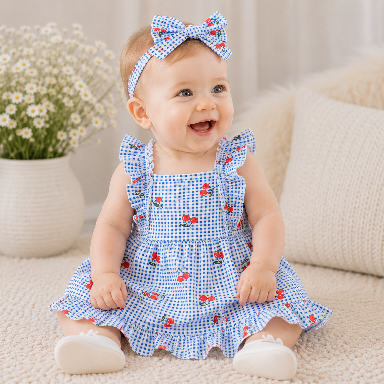 Baby Girl Cherry Plaid Ruffle Dress & Bow Headband 2-Piece Set