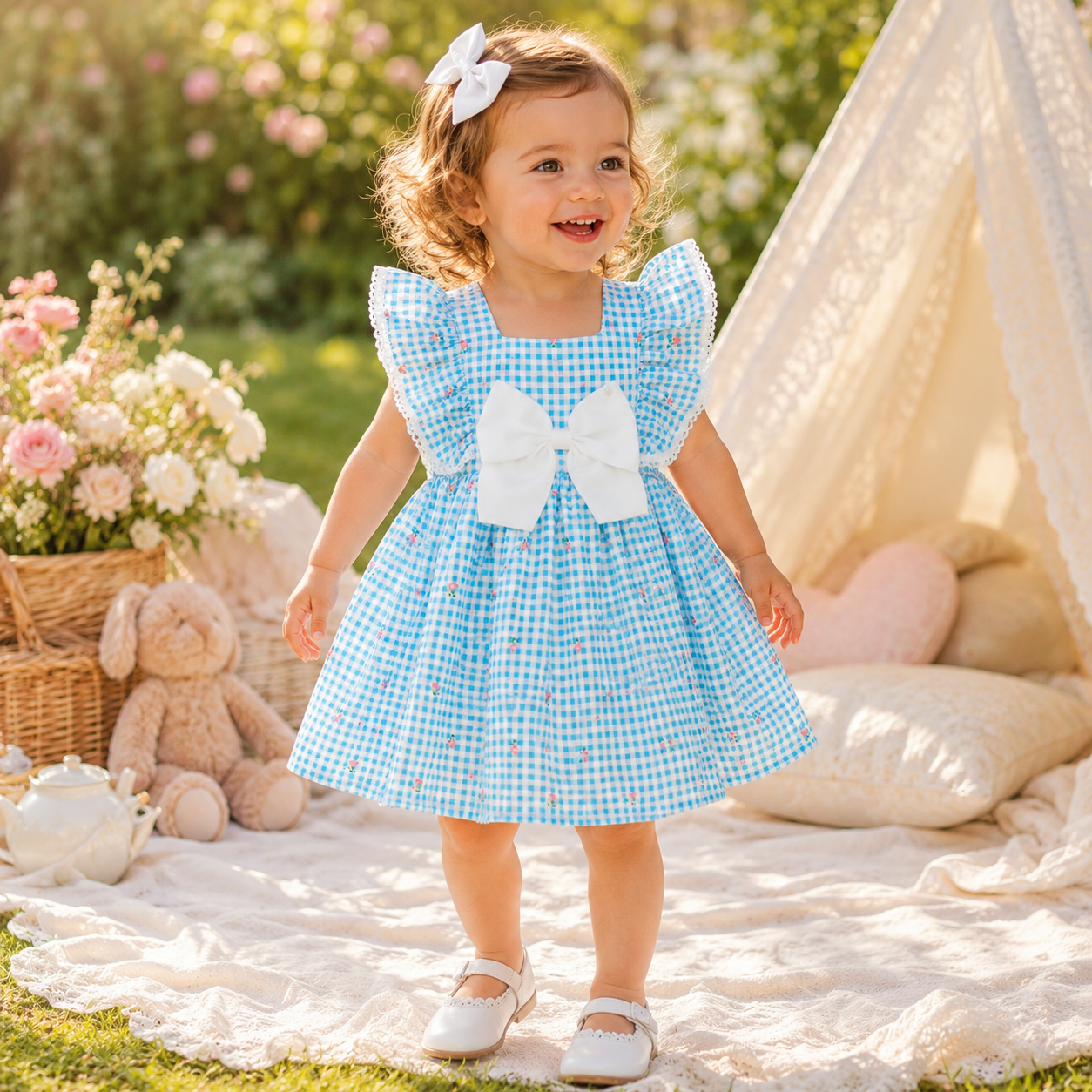 Baby Girl Blue Checkered Sleeveless Dress with Flower Bow Detail