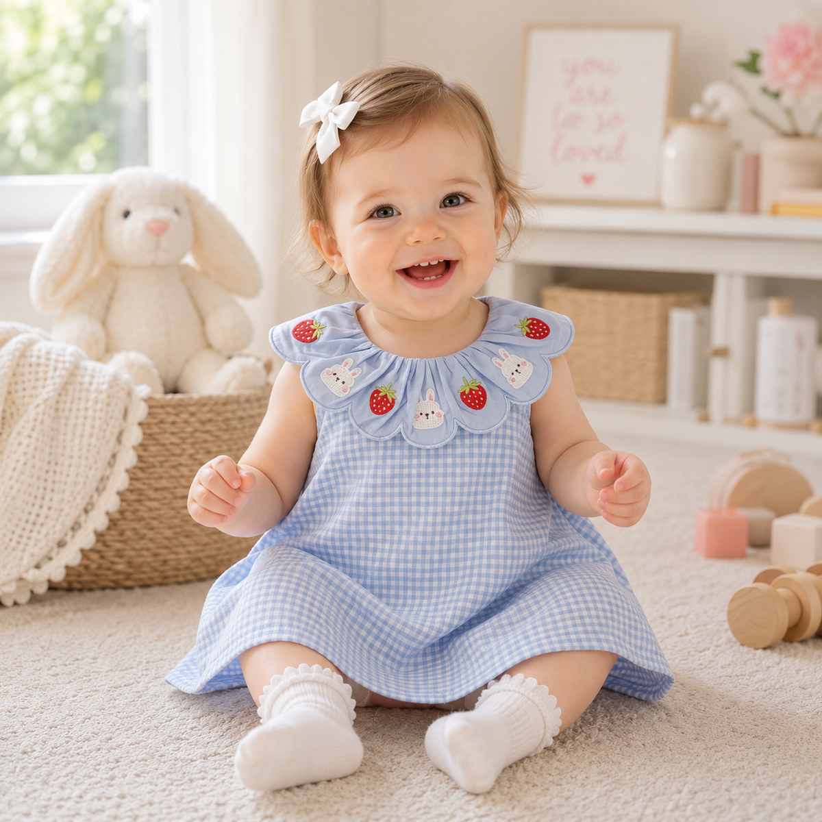 Baby Girl Rabbit Strawberry Floral Plaid Dress | Birthday Party Summer Dress