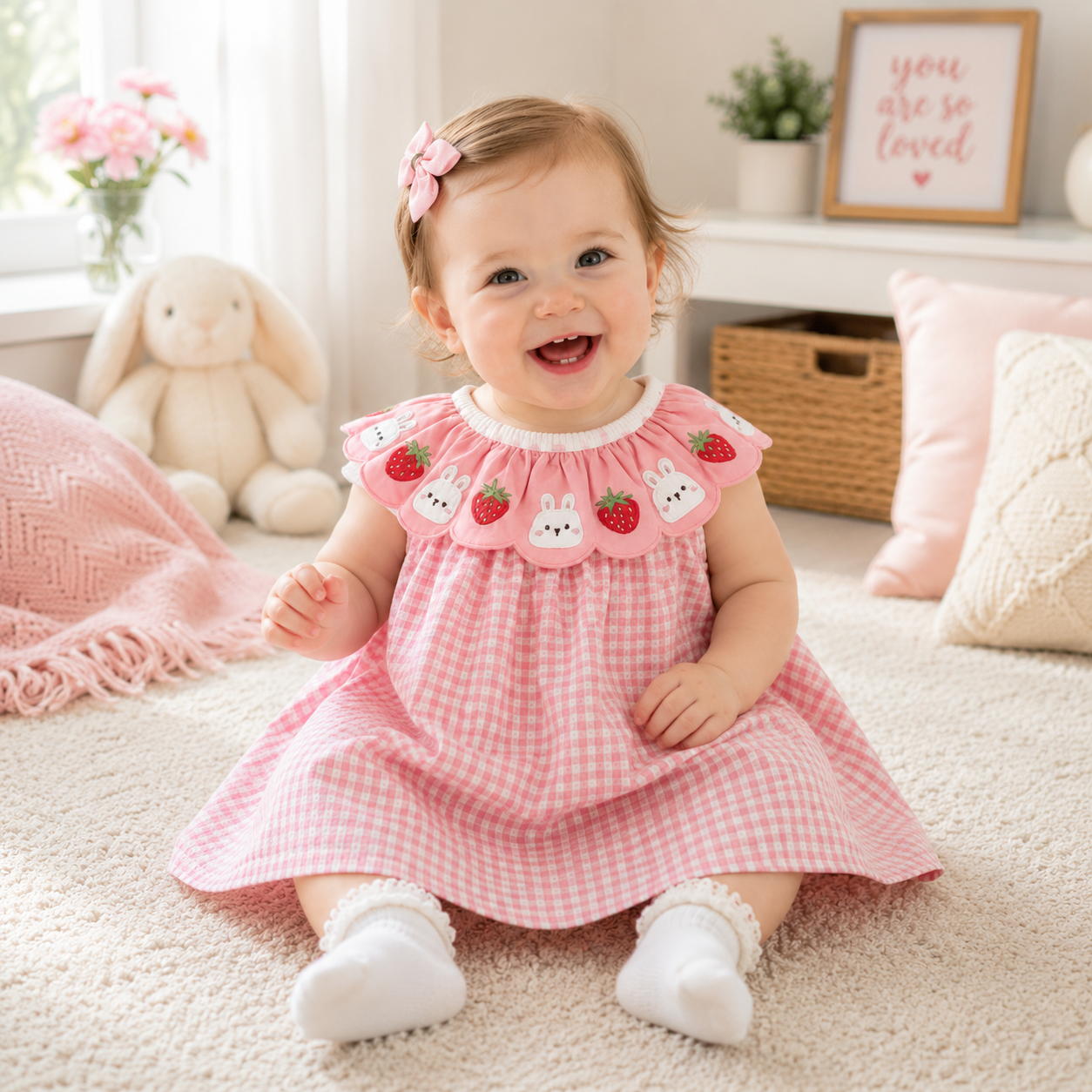 Baby Girl Rabbit Strawberry Floral Plaid Dress | Birthday Party Summer Dress