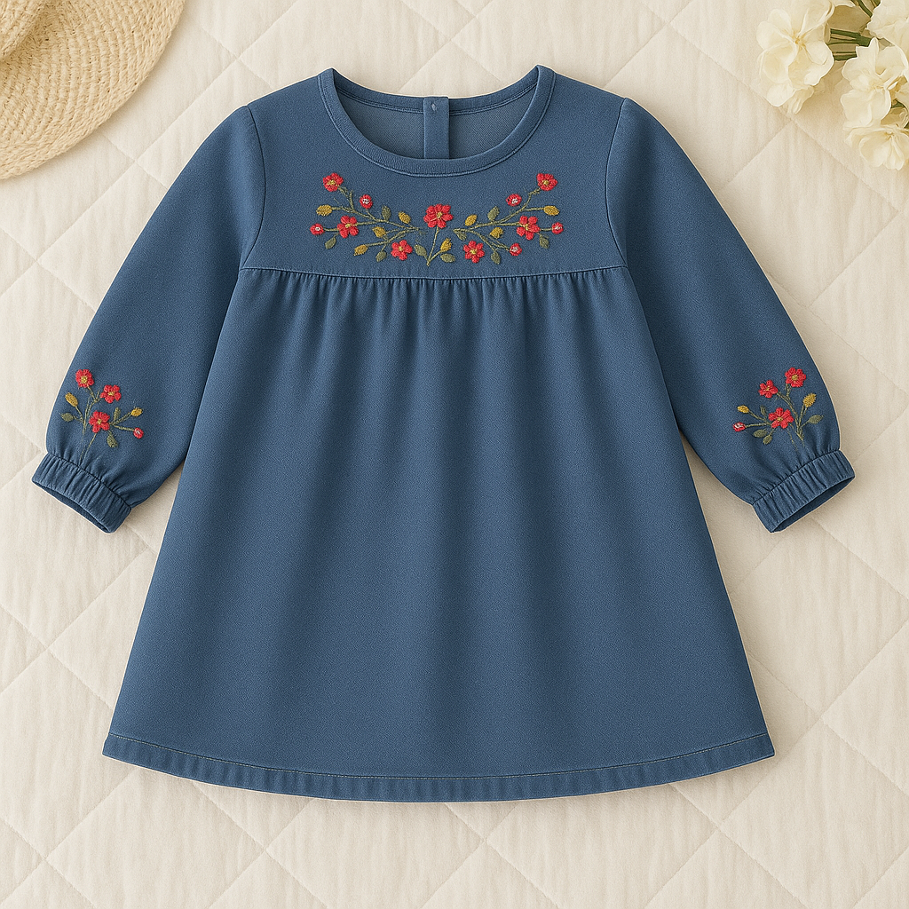 Girls Embroidered Long Sleeve Denim Dress
