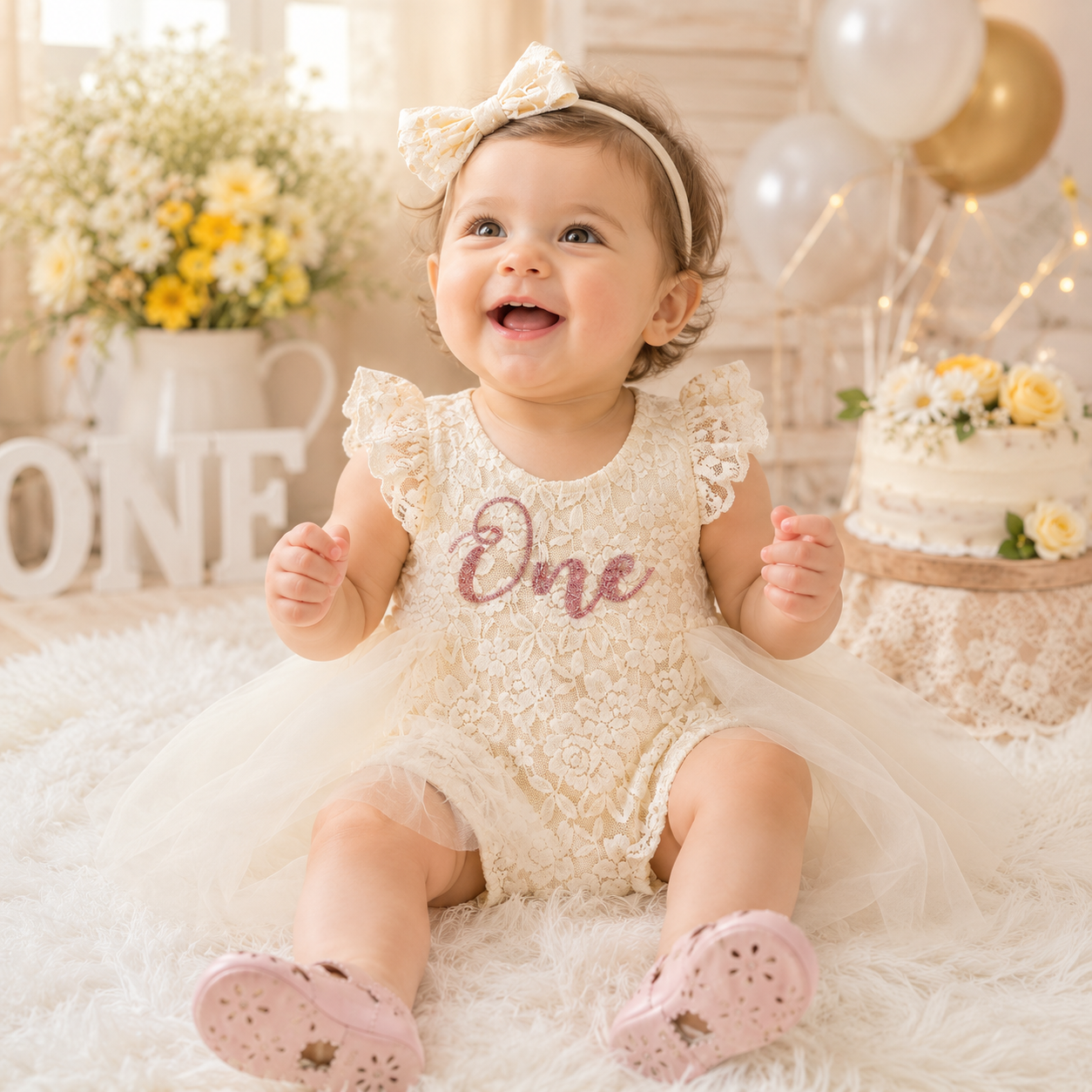 Baby Girls Birthday Floral Lace Romper Dress
