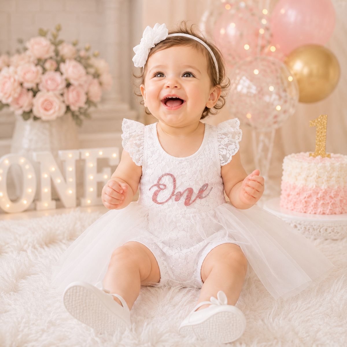 Baby Girls Birthday Floral Lace Romper Dress