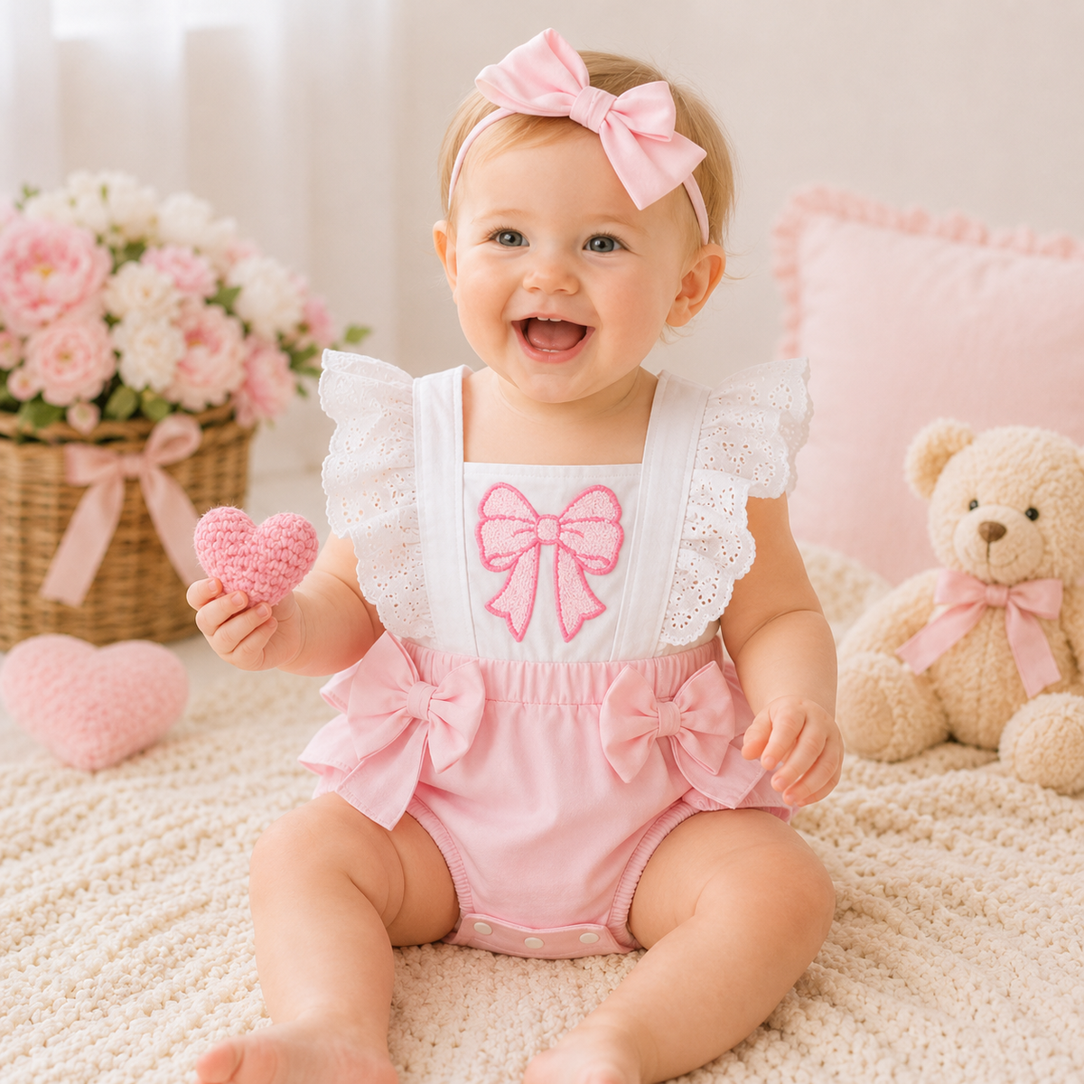 Baby Girl Puff Sleeve Romper Dress & Headband Set