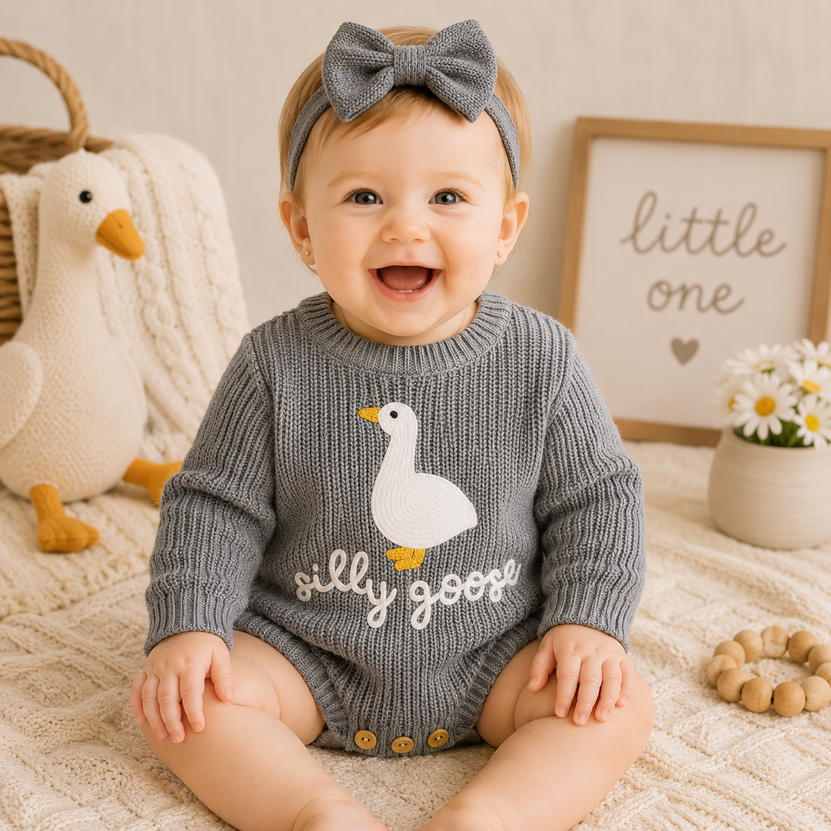Infant Baby Knitted Long Sleeve Goose Embroidery Romper Jumpsuit