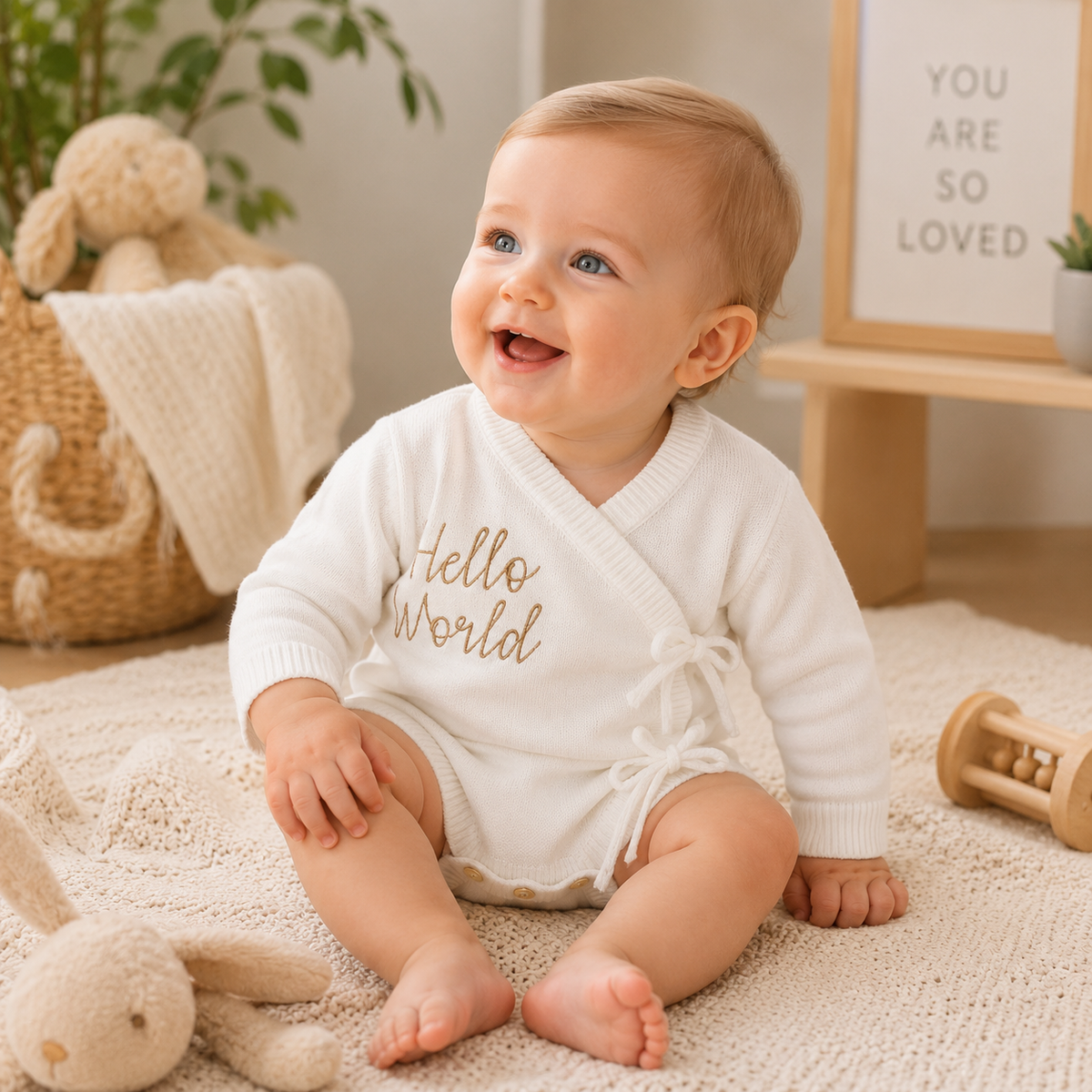 Baby Girl Knit Sweater Romper with Gold Letter Embroidery & Tie-Up Detail