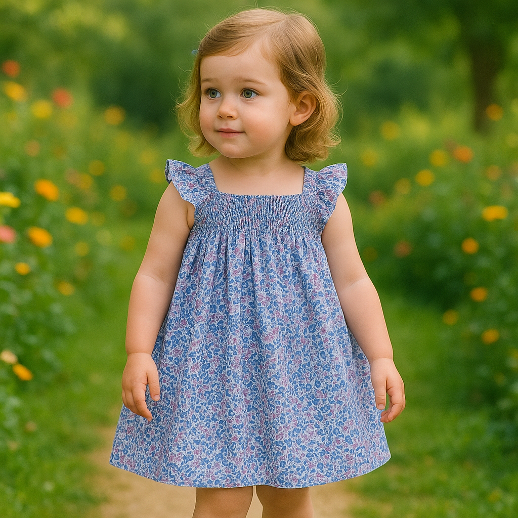 Girls' Summer Smocked Floral Dress with Ruffle Sleeves