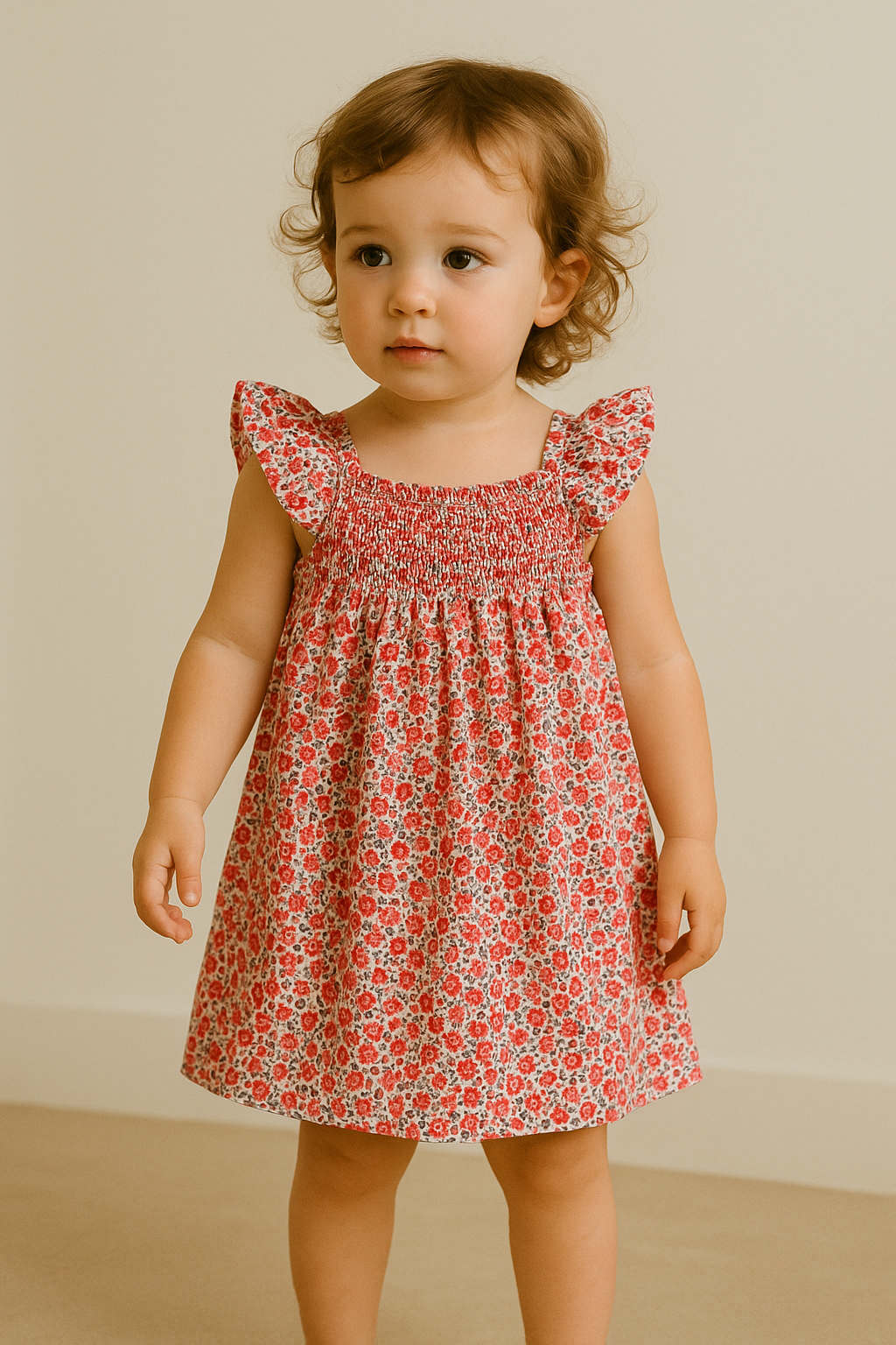 Girls' Summer Smocked Floral Dress with Ruffle Sleeves