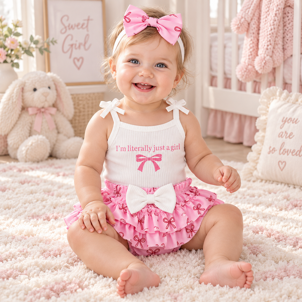 Baby Girls’ Summer Bow Print Romper Outfit