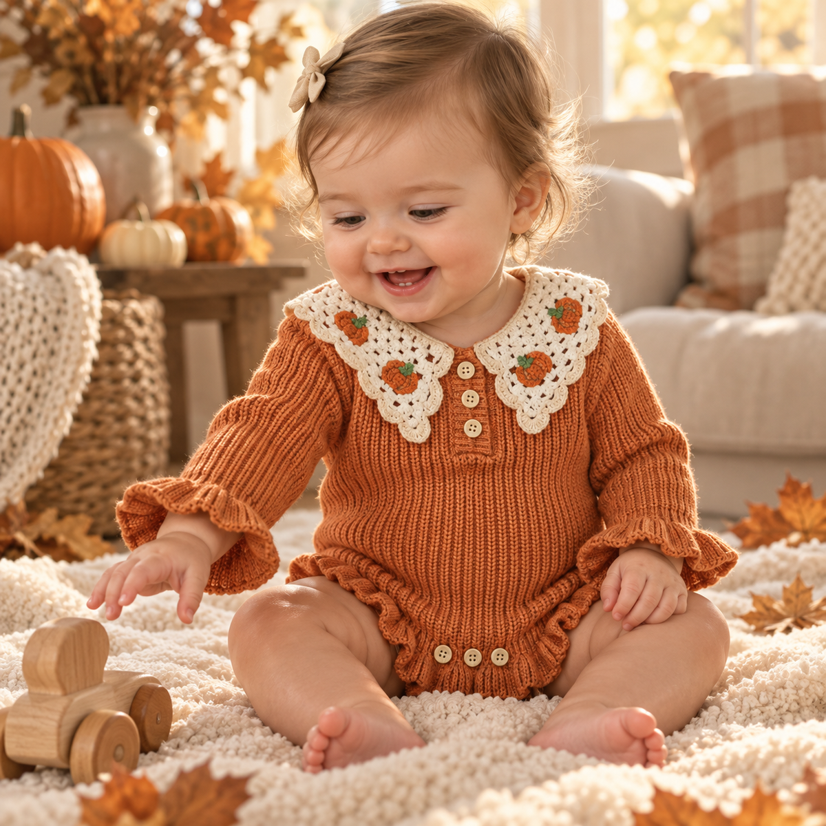 Baby Girl Pumpkin Embroidered Knit Romper