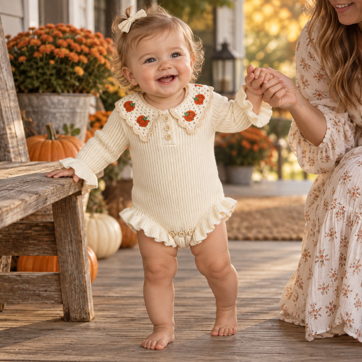 Baby Girl Pumpkin Embroidered Knit Romper