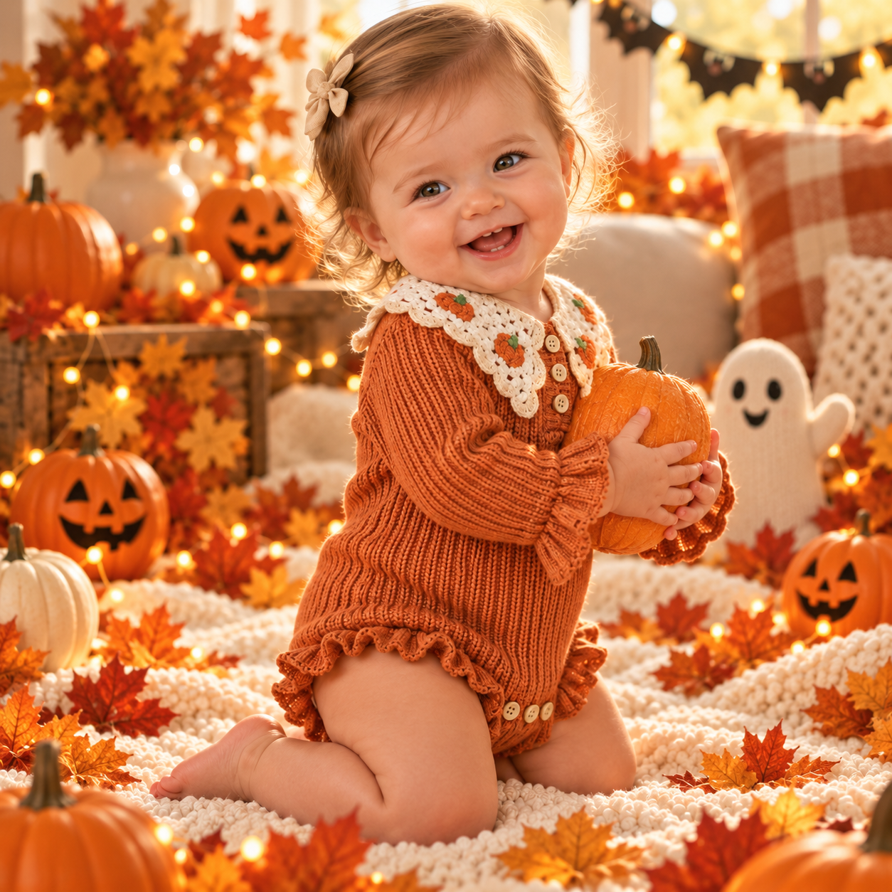Baby Girl Pumpkin Embroidered Knit Romper