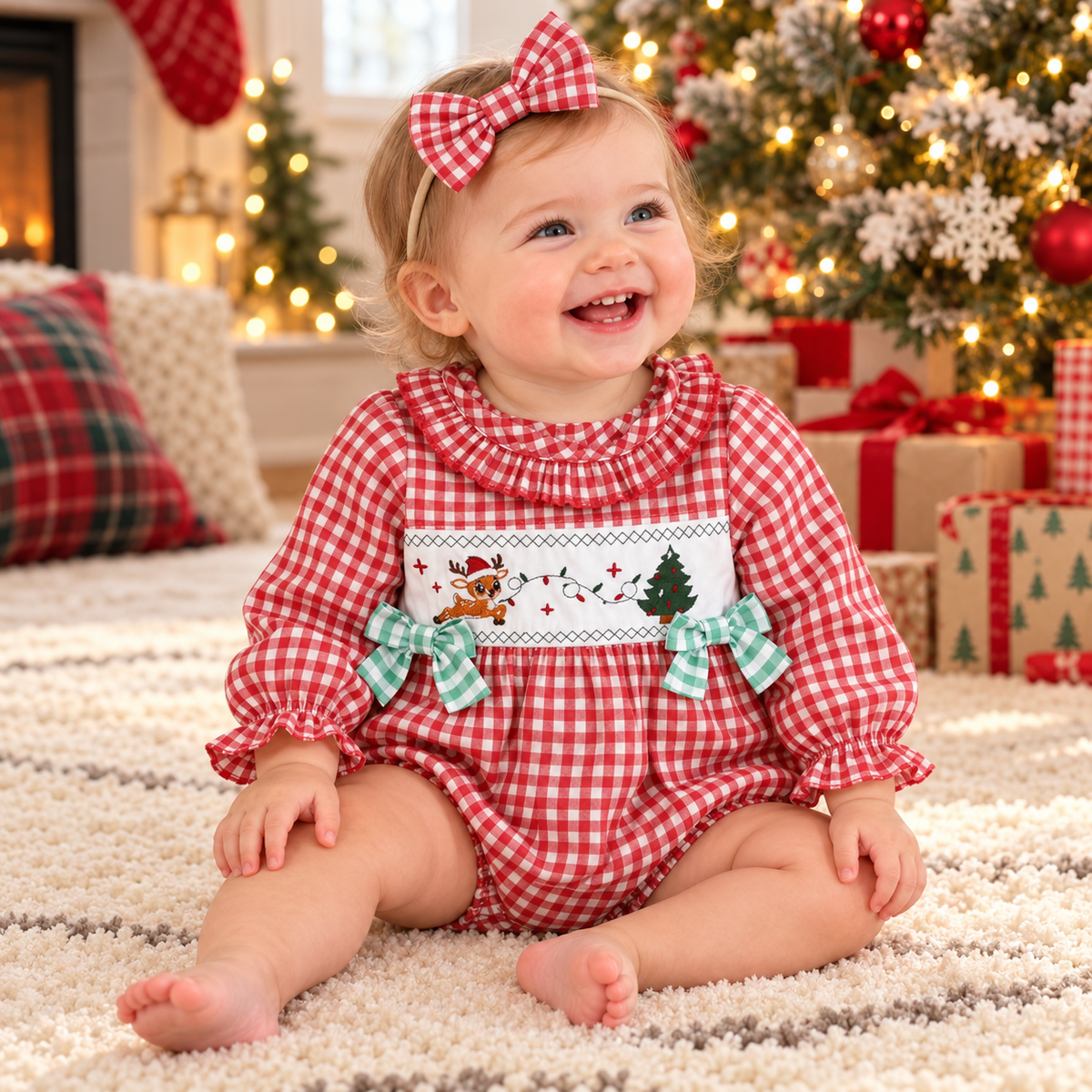 Baby Girl Christmas Gingham Romper & Bow Headband Set