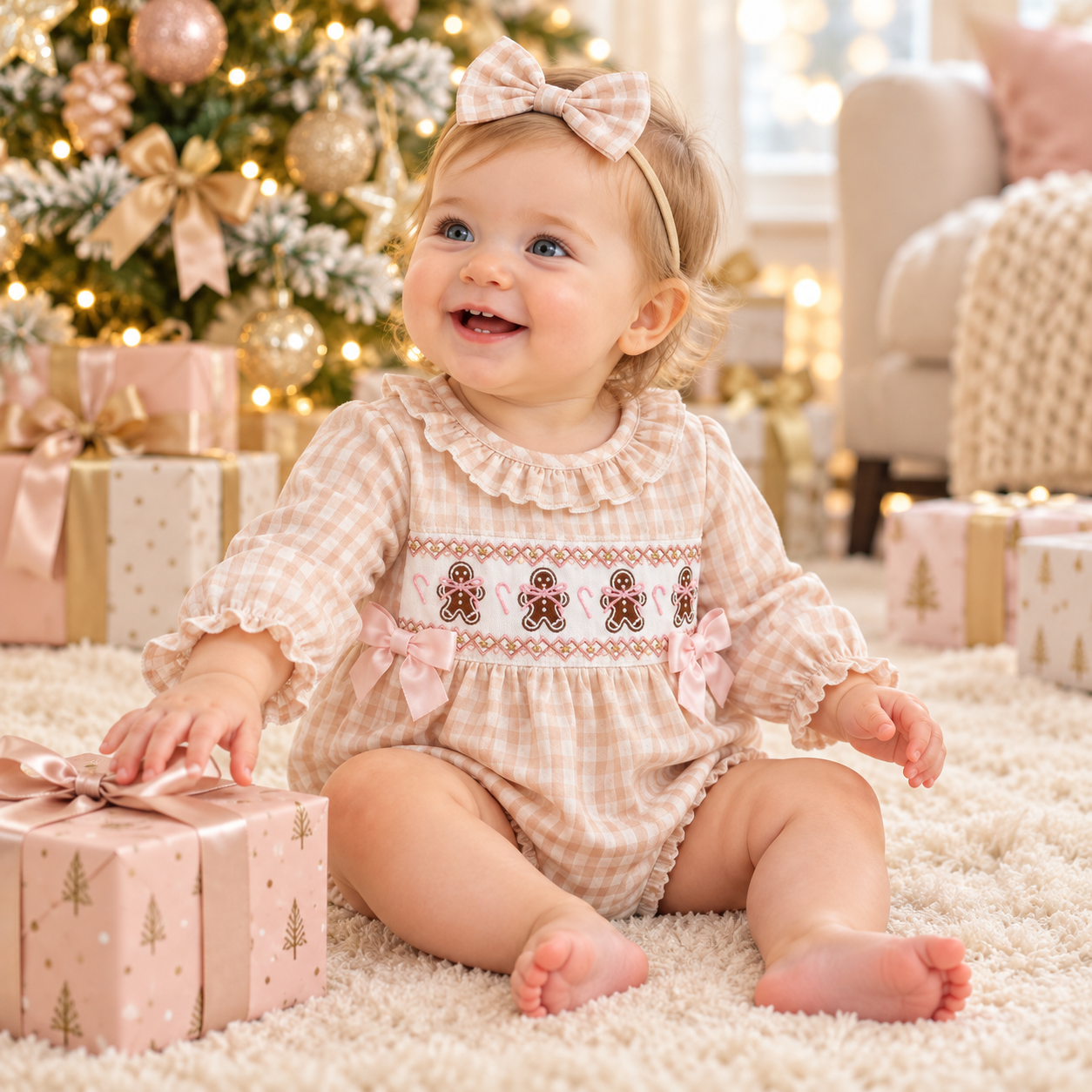 Baby Girl Christmas Gingham Romper & Bow Headband Set
