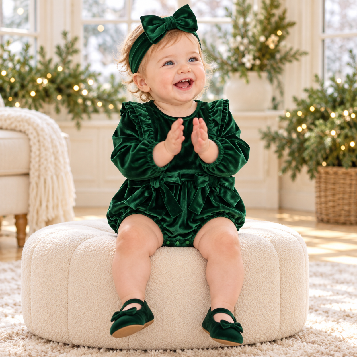 Baby Girl Ruffle Bow Romper & Headband Set