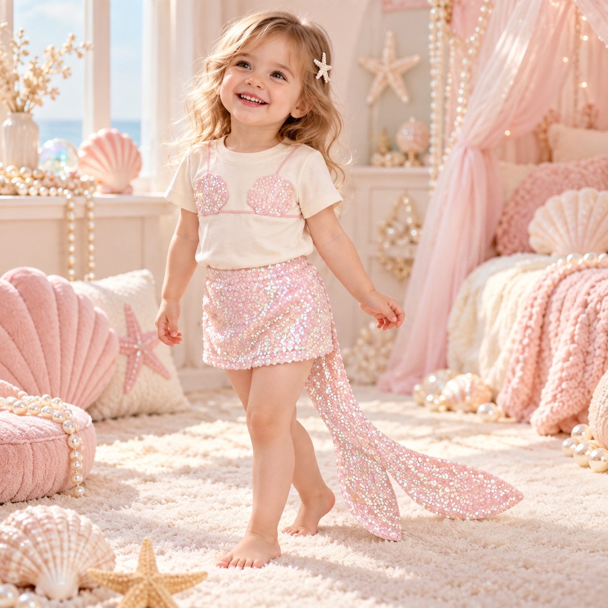 Girls' Pink Sequin Mermaid Costume Set – Shell Top & Mermaid Tail