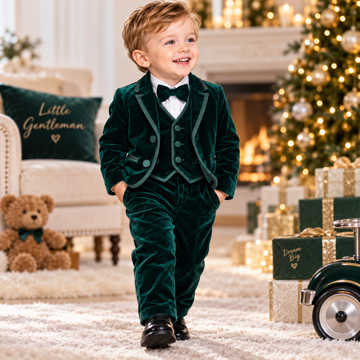 Boys Emerald Green Velvet 3-Piece Tuxedo Suit