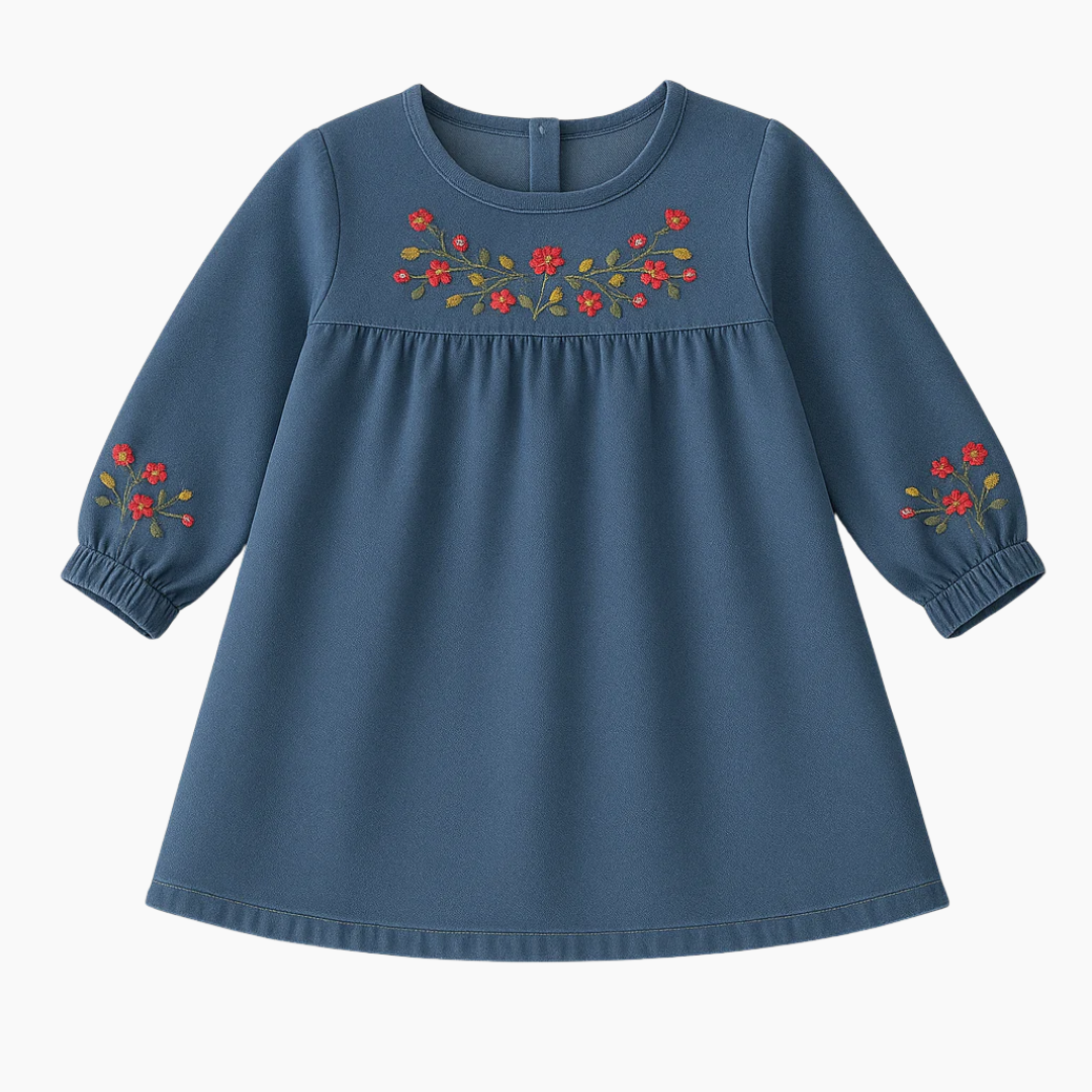 Girls Embroidered Long Sleeve Denim Dress