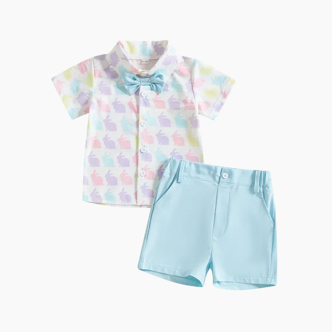 Bunny Print Shirt and Bow Tie with Shorts