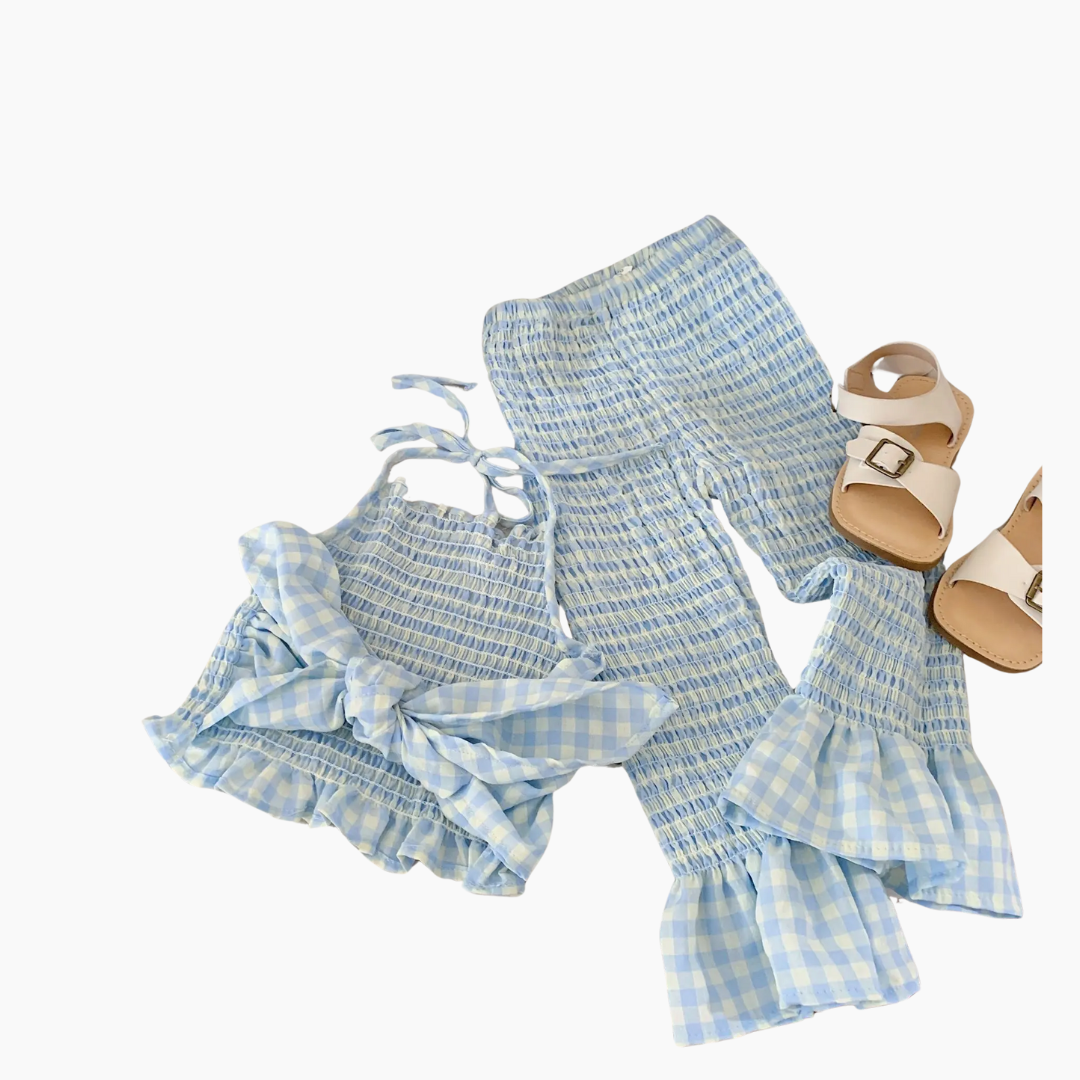 Gingham Ruffle Top and Elastic Waist Pants Set