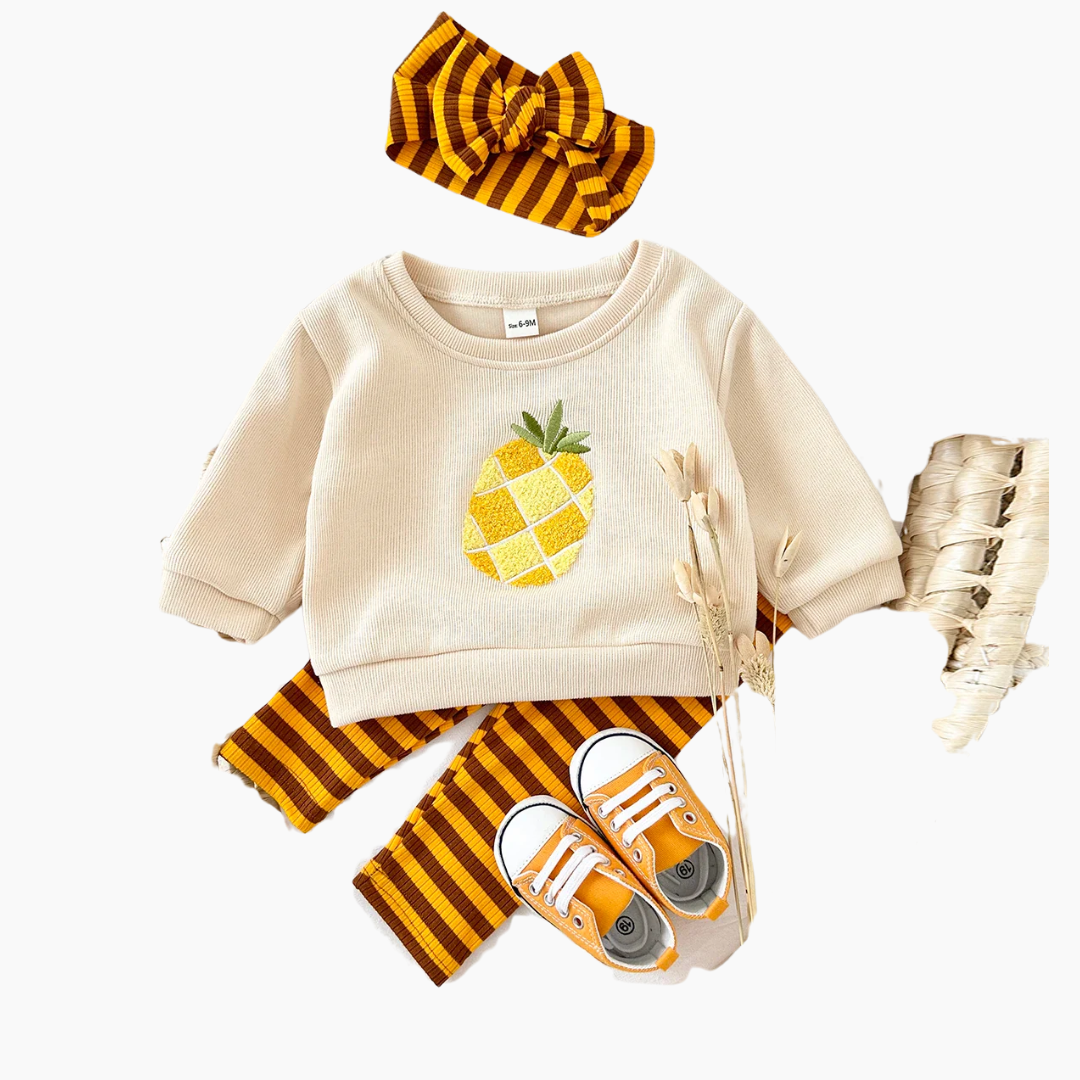 Embroidery Fruit Sweatshirt and Striped Pants Set