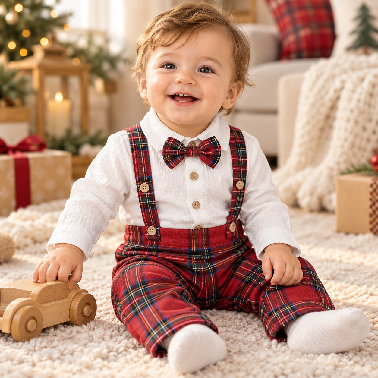 Baby Boy Gentleman Romper Set with Plaid Suspender Pants & Bow Tie
