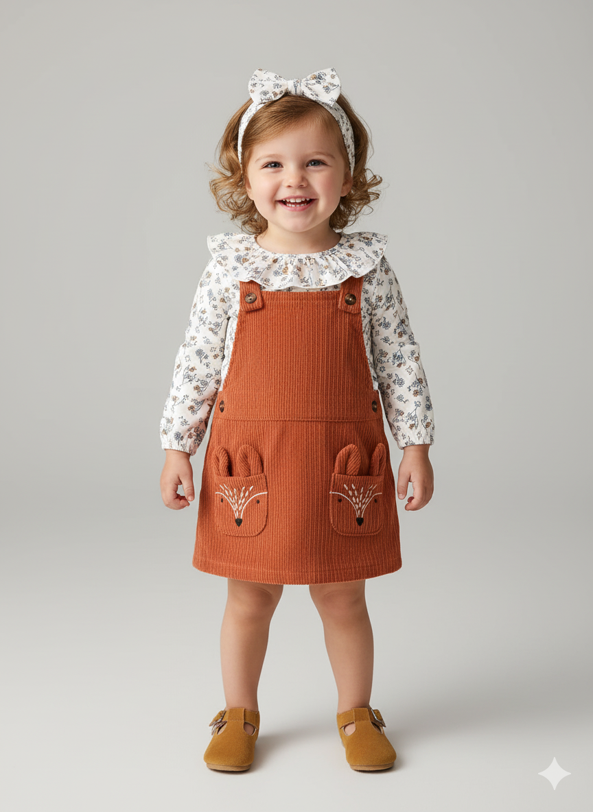 Baby Girl's Floral & Corduroy Fox Jumper Dress Set