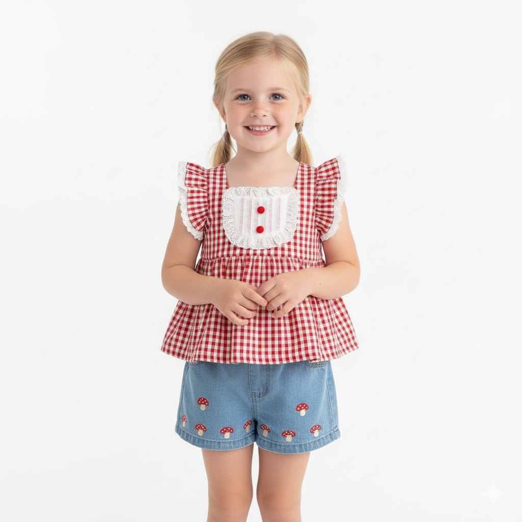 Girls Red Gingham Top and Denim Shorts Set
