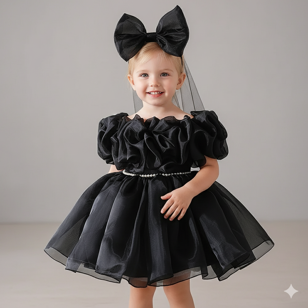 Girl's Black Couture Party Dress with Rosettes