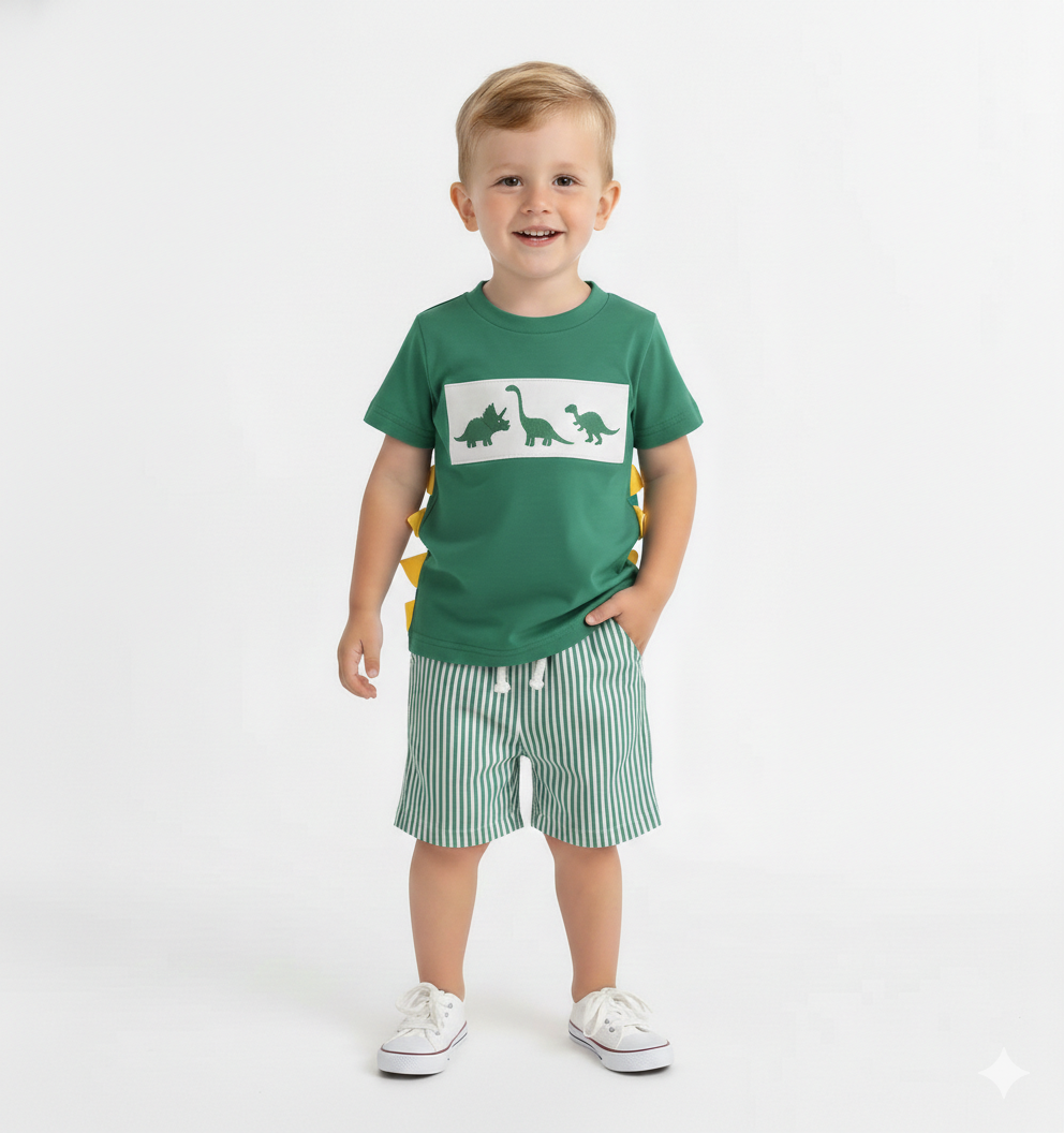 Embroidered T-Shirt & Striped Shorts Set