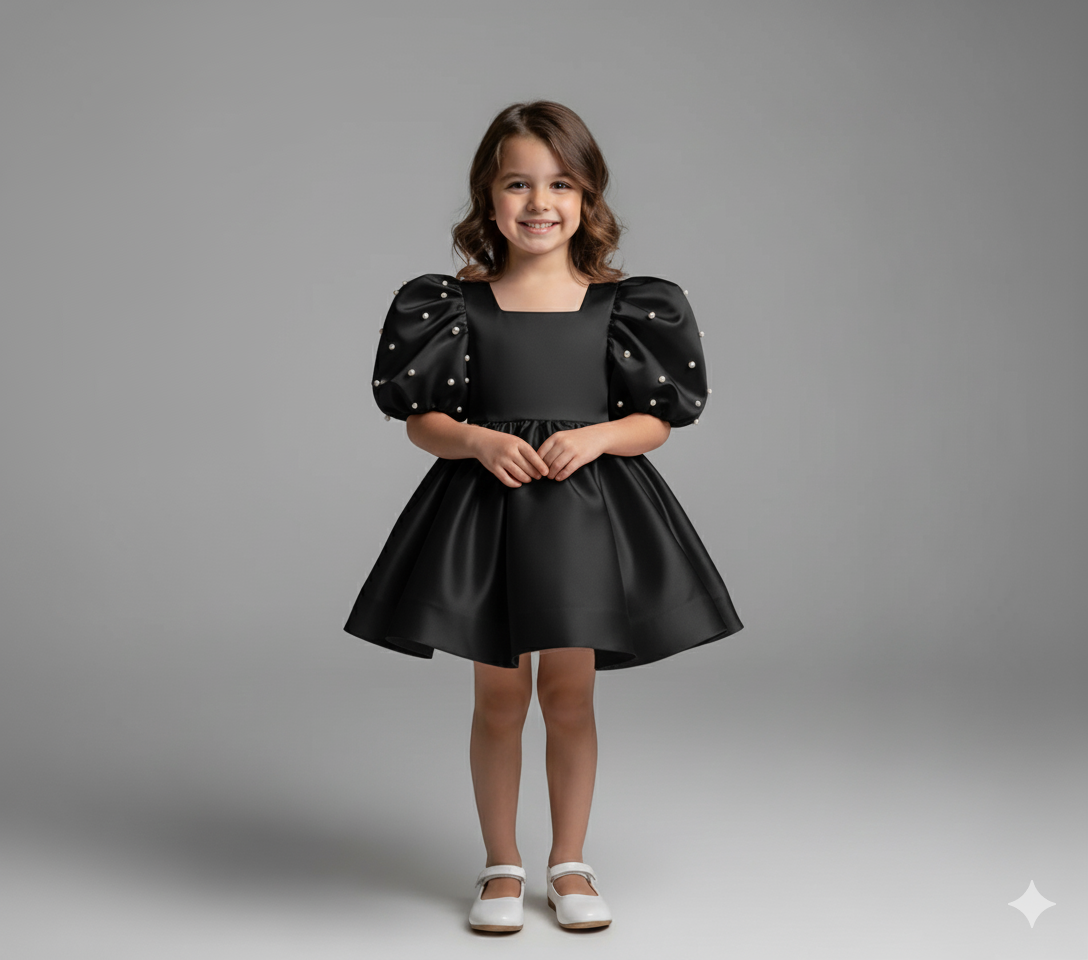 Girl's Satin Puff Sleeve Party Dress