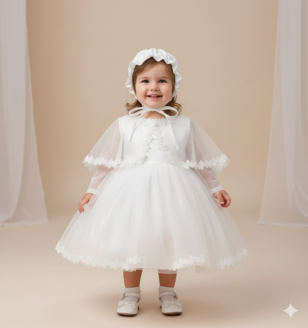 Baby Girl's Lace Baptism and Christening Gown with Bonnet and Cape
