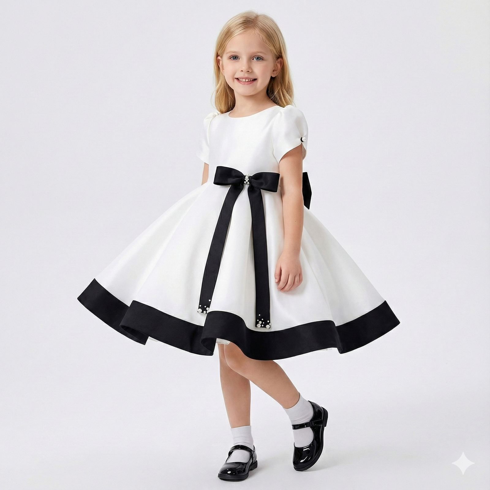 Girls' Black & White Satin Gala Gown